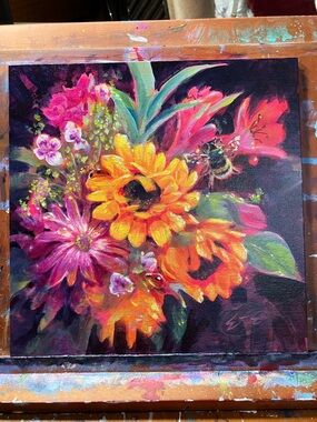 Bumblebee, sunflower, original painting, flower art floral still life surrealism